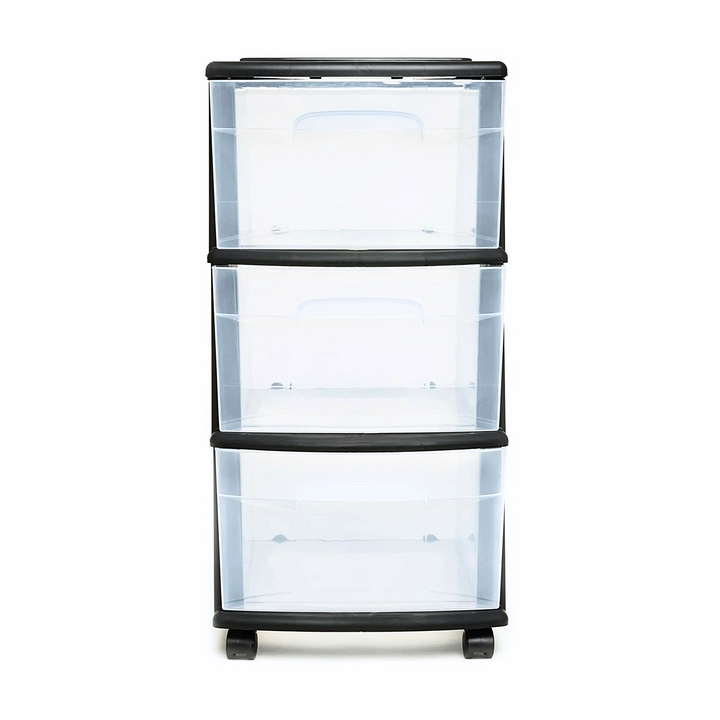 Homz Plastic 3 Drawer Medium Storage Tower, Clear Drawers & Black Frame (2 Pack)