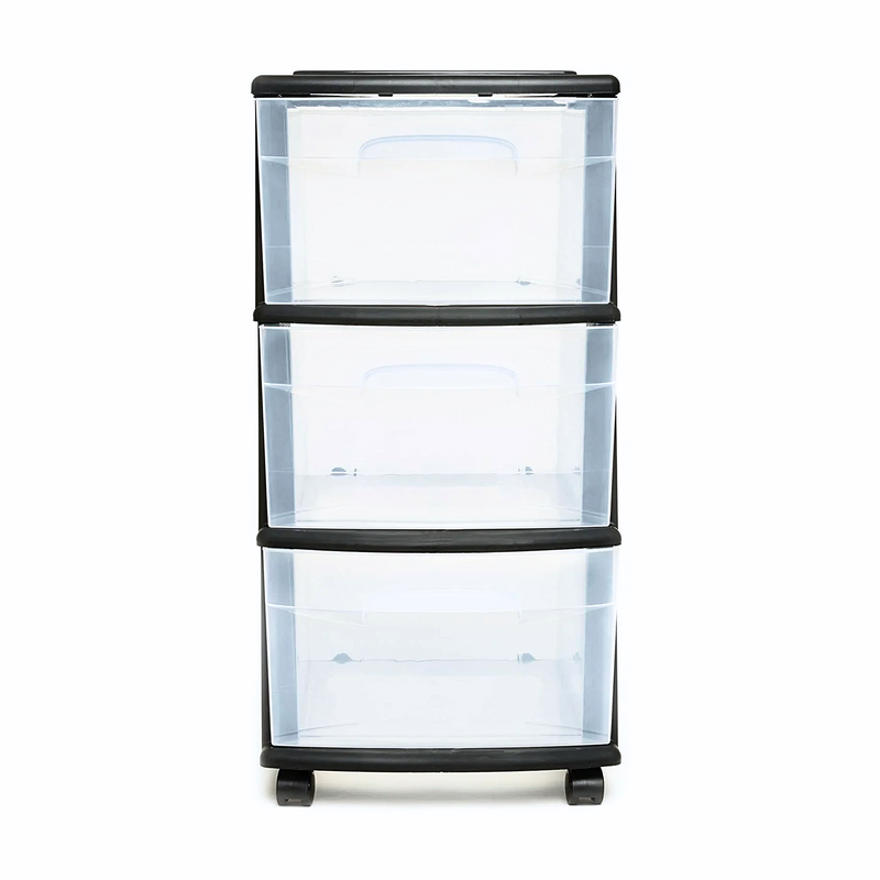 Homz Plastic 3 Drawer Medium Home Storage Container, Clear Drawers & Black Frame