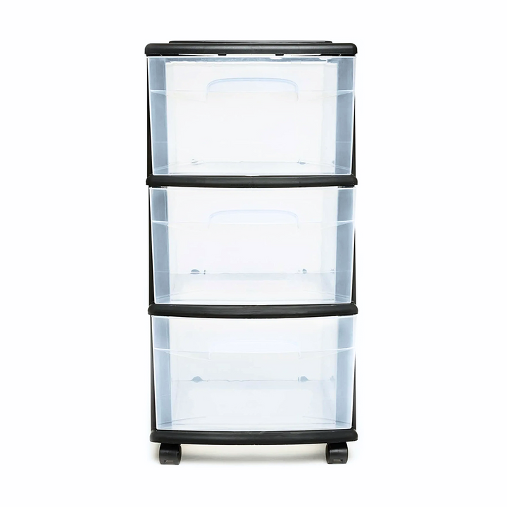 Homz Plastic 3 Drawer Medium Storage Tower, Clear Drawers & Black Frame (2 Pack) - VMInnovations