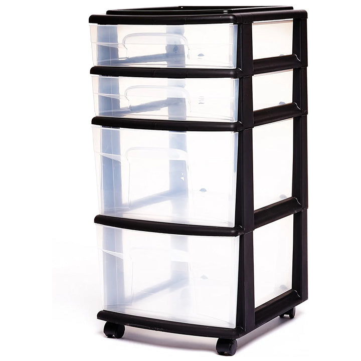 Homz Plastic 4 Drawer Medium Storage Tower, Clear Drawers & Black Frame (2 Pack)