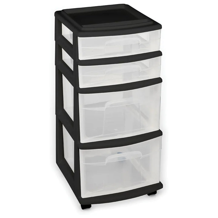 Homz Plastic 4 Drawer Medium Storage Tower, Clear Drawers & Black Frame (2 Pack)