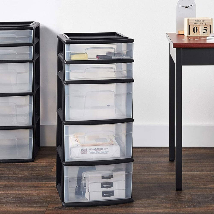 Homz Plastic 5 Clear Drawer Medium Home Storage Container, Black Frame (Used)