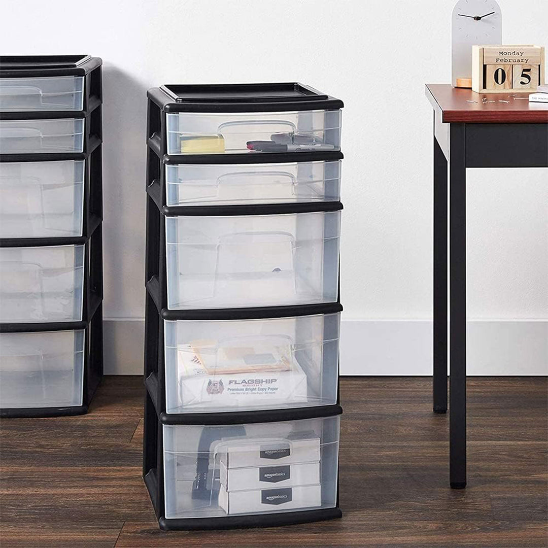 Plastic 5 Drawer Medium Home Storage Container Tower, Black Frame (Open Box)