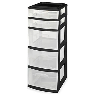 Homz Plastic 5 Clear Drawer Medium Home Storage Container Tower, Black Frame