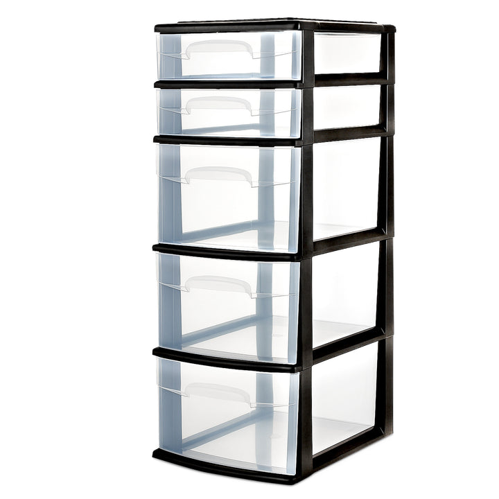 Plastic 5 Drawer Medium Home Storage Container Tower, Black Frame (Open Box)