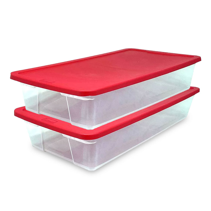 Homz 41Qt Clear Plastic Holiday Storage Container with Red Snap Lock Lid, 2 Pk