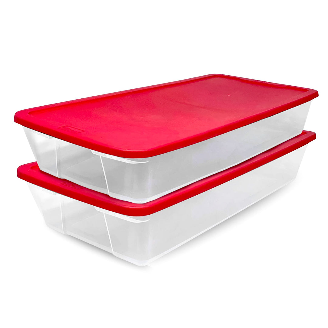 Homz 41Qt Clear Plastic Holiday Storage Container with Red Snap Lock Lid, 2 Pk