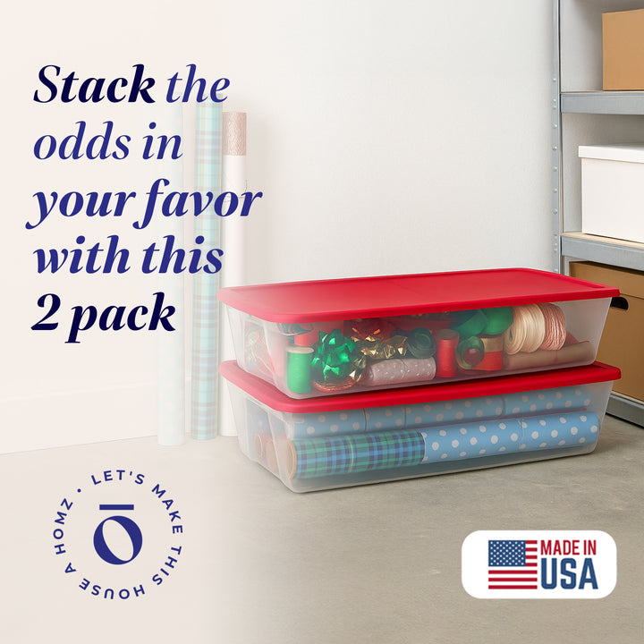 Homz 41Qt Clear Plastic Holiday Storage Container with Red Snap Lock Lid, 2 Pk
