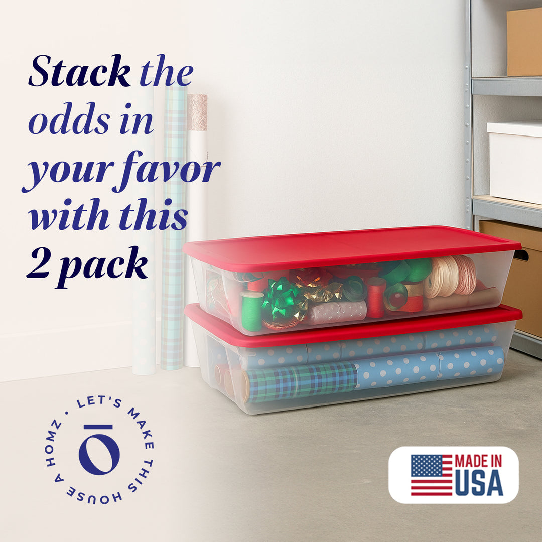 41Qt Plastic Holiday Storage Container with Red Snap Lock Lid, 2 Pk (Open Box)