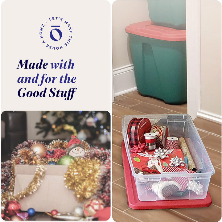 Homz 41Qt Clear Plastic Holiday Storage Container with Red Snap Lock Lid, 2 Pk