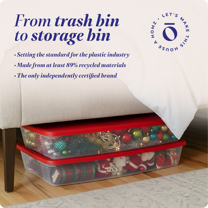 Homz 41Qt Clear Plastic Holiday Storage Container with Red Snap Lock Lid, 2 Pk
