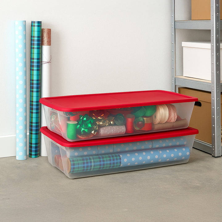 Homz 41Qt Clear Plastic Holiday Storage Container with Red Snap Lock Lid, 2 Pk