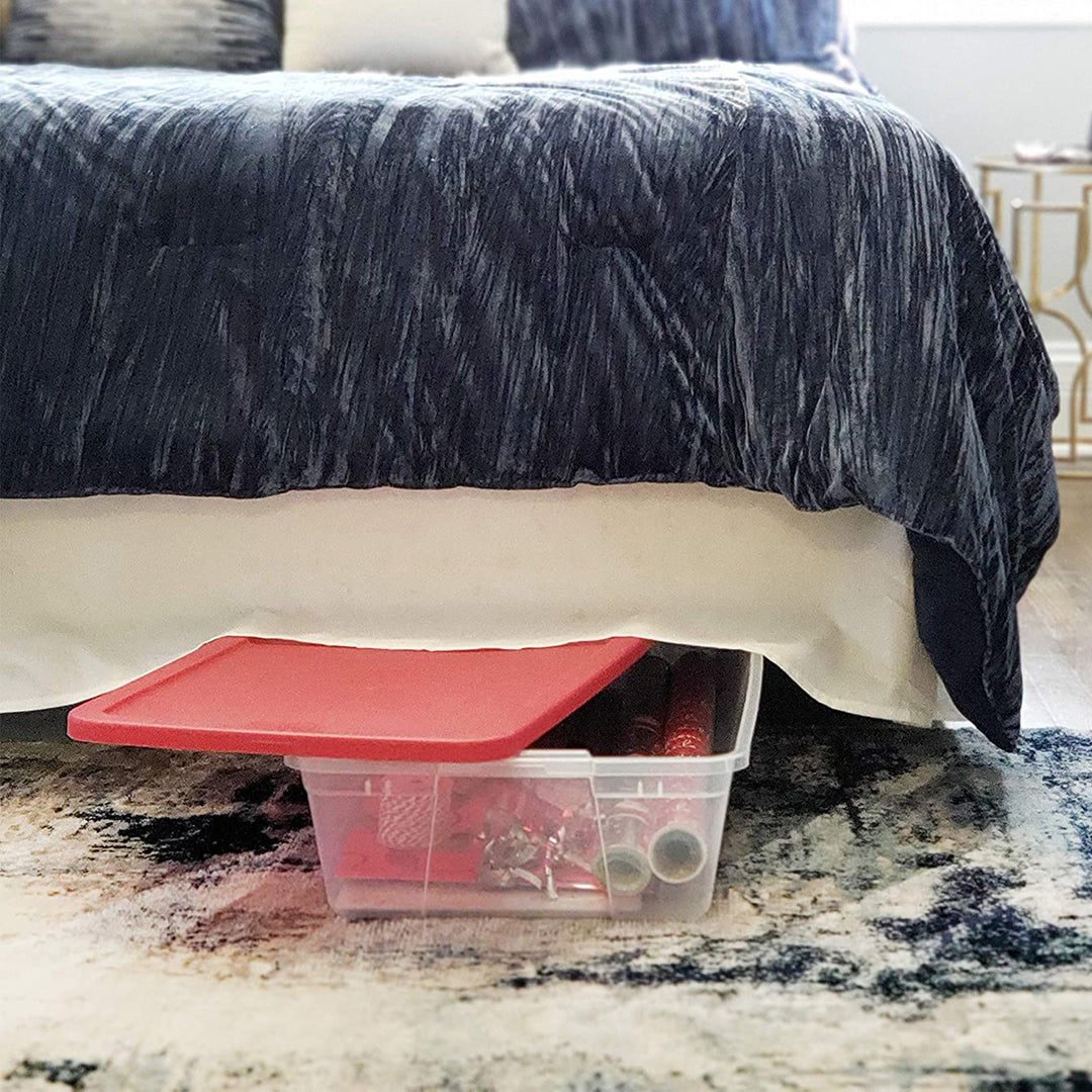 Homz 41Qt Clear Plastic Holiday Storage Container with Red Snap Lock Lid, 2 Pk