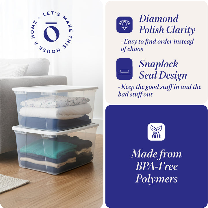 HOMZ 56qt Snaplock Clear Plastic Storage Container Bin with Secure Lid, 2 Pack