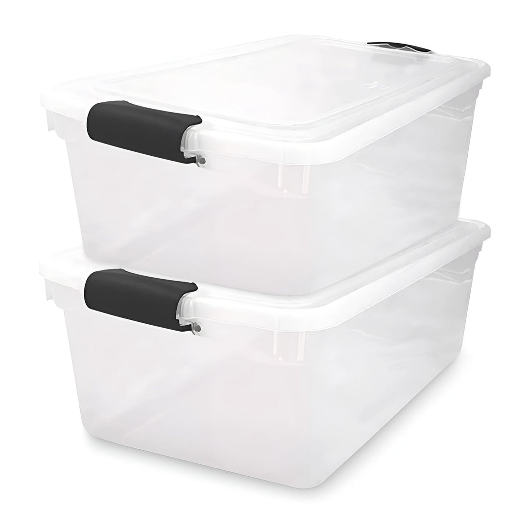 Homz 64Qt Stackable Plastic Storage Bin Container Box w/Latch Lid, Clear(2 Pack)