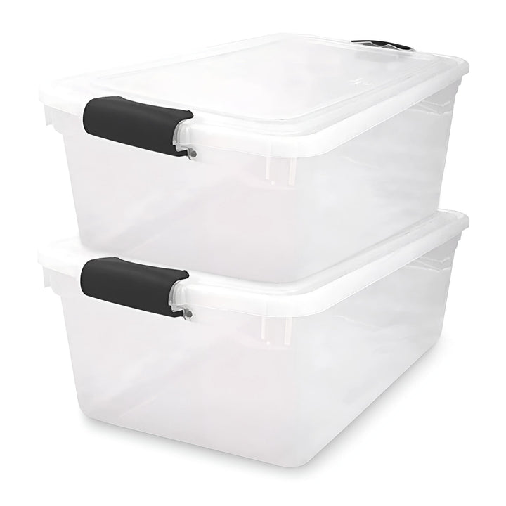 Homz 64Qt Stackable Plastic Storage Bin Container Box w/Latch Lid, Clear(2 Pack)