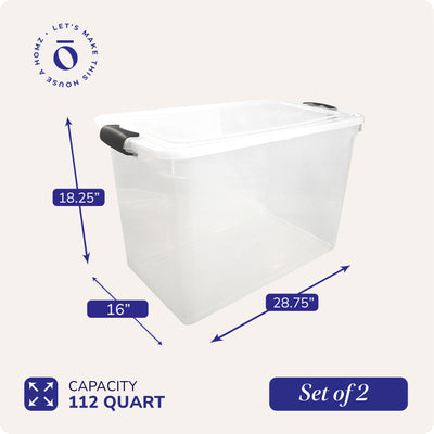 HOMZ 112 Quart Plastic Storage Container, Extra Large, Clear (2 Pack) (Used)