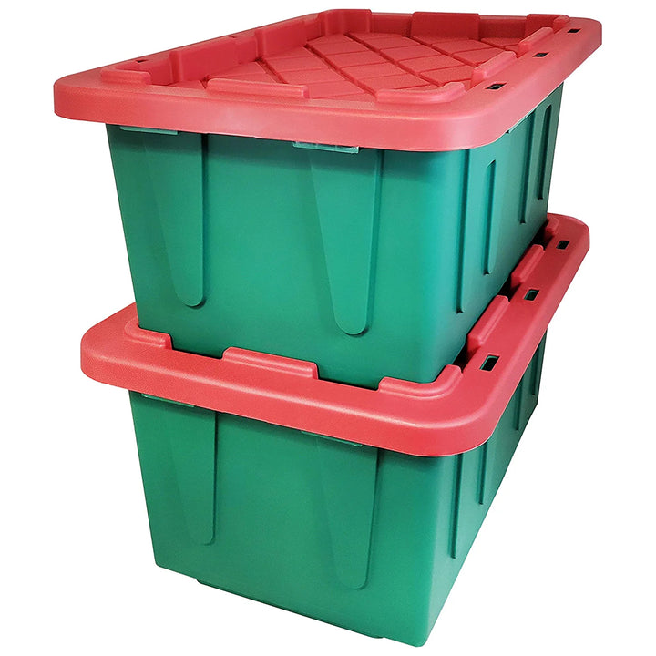 HOMZ Durabilt 15 Gallon Heavy Duty Holiday Storage Tote, Green/Red (4 Pack)