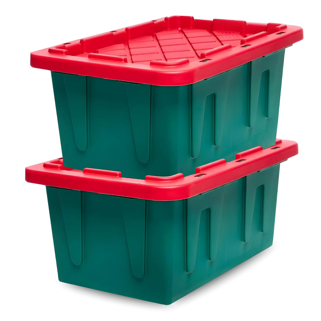 HOMZ Durabilt 15 Gallon Heavy Duty Holiday Storage Tote, Green/Red (2 Pack)