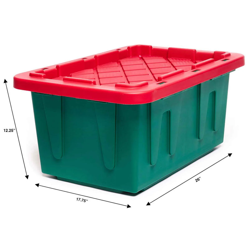 HOMZ Durabilt 15 Gallon Heavy Duty Holiday Storage Tote, Green/Red (2 Pack)