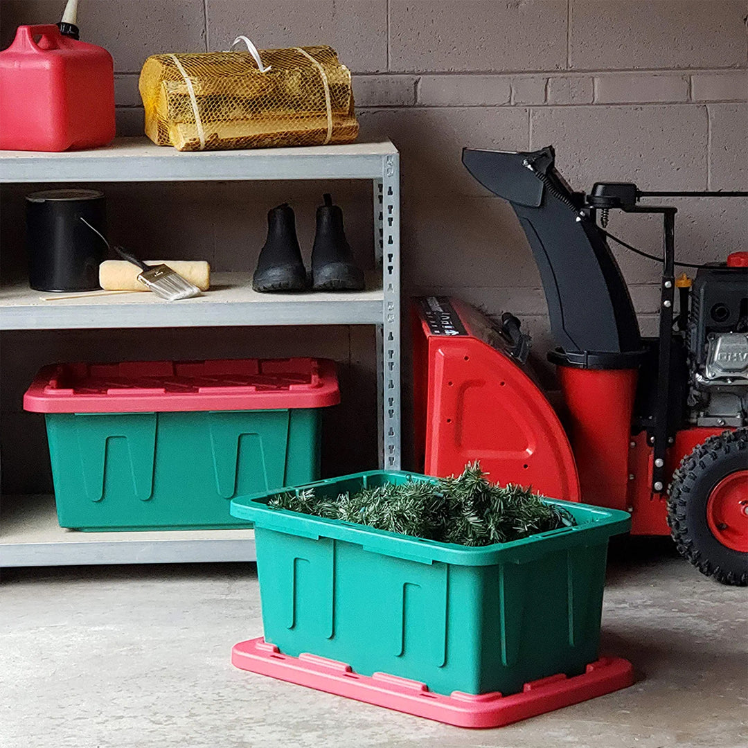 HOMZ Durabilt 15 Gallon Heavy Duty Holiday Storage Tote, Green/Red (4 Pack)