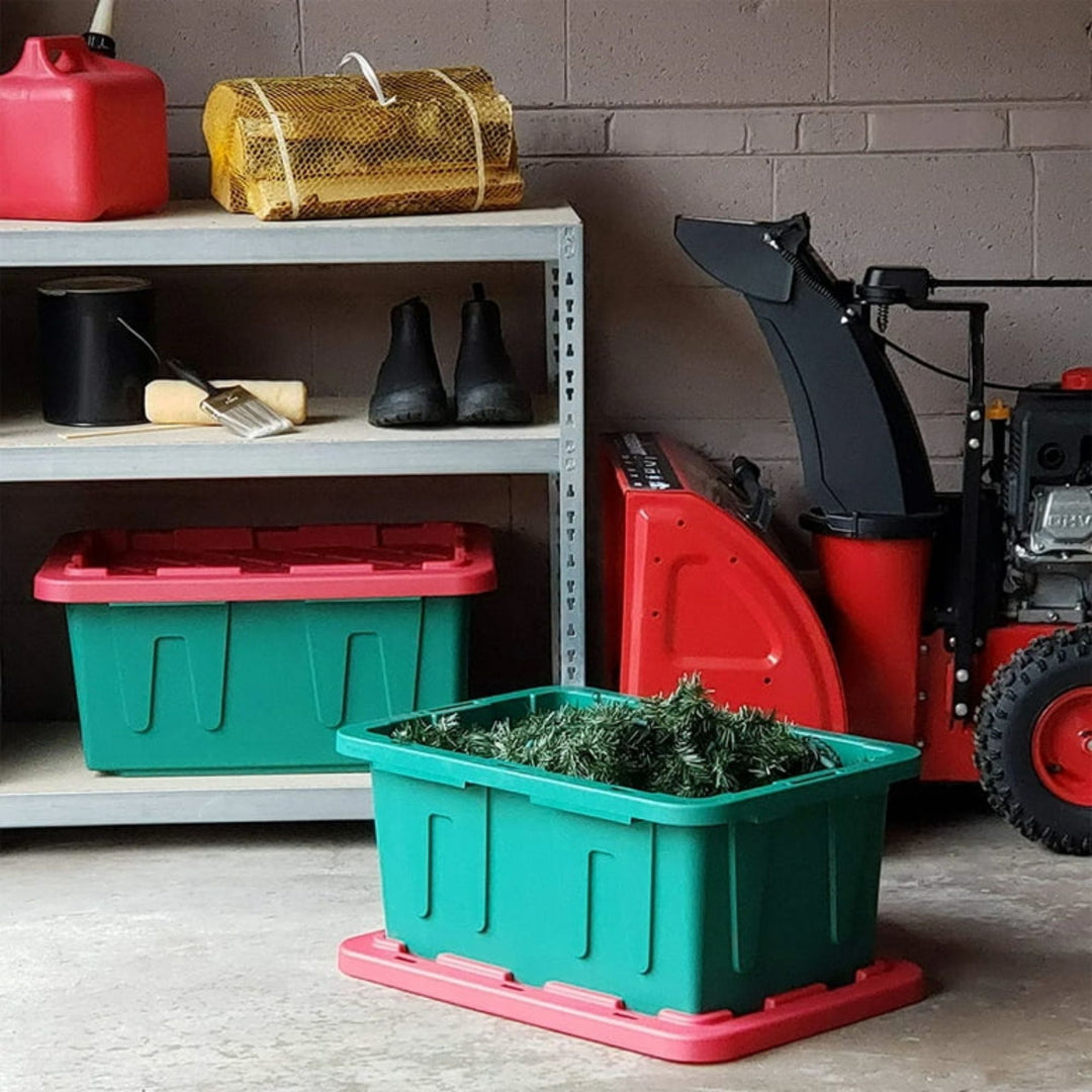 HOMZ Durabilt 15 Gallon Heavy Duty Holiday Storage Tote, Green/Red (2 Pack)