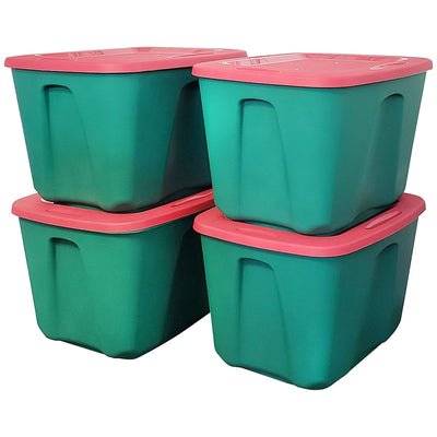 HOMZ 18 Gallon Heavy Duty Plastic Holiday Storage Totes, Green/Red (4 Pack)