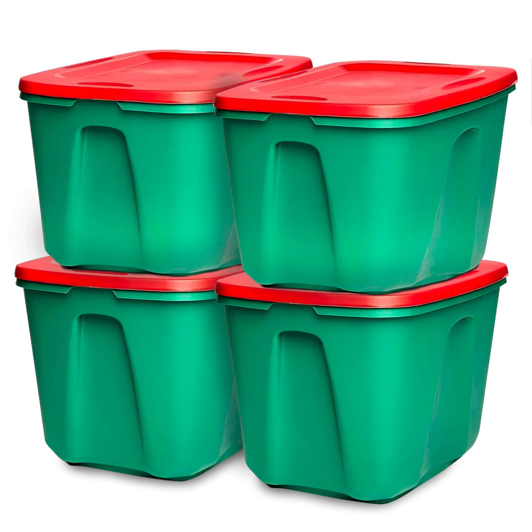 HOMZ 18 Gallon Heavy Duty Plastic Holiday Storage Totes, Green/Red (4 Pack)