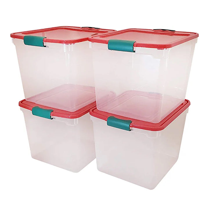 HOMZ 31 Quart Holiday Plastic Storage Container Bin with Latching Lid, 4 Pack