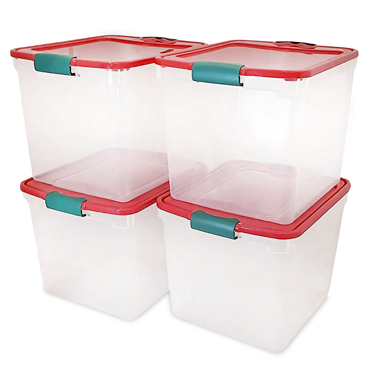 HOMZ 31 Quart Holiday Plastic Storage Container Bin with Latching Lid, 4 Pack