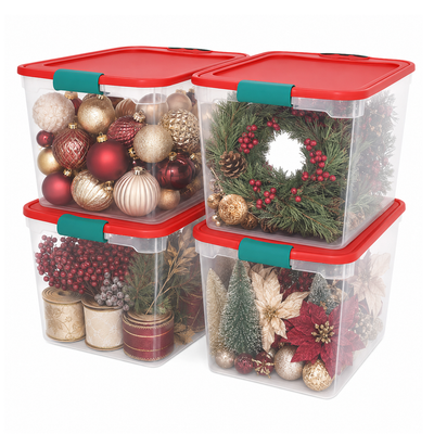 HOMZ 31 Quart Holiday Plastic Storage Container Bin with Latching Lid, 4 Pack