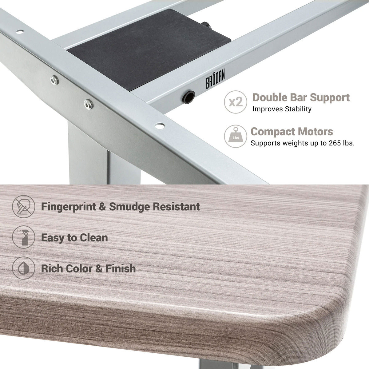 BRODAN Electric Standing L-Shaped Work Desk w/ Charging Station, Oak (Open Box)
