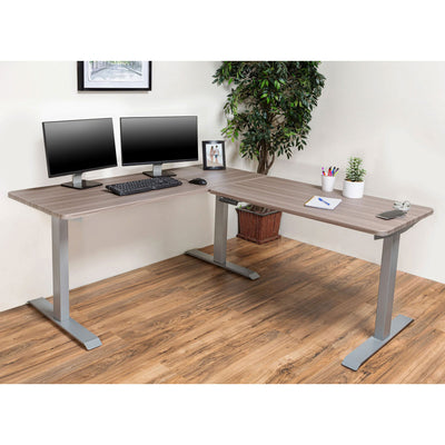 BRODAN Electric Standing L-Shaped Work Desk w/ Charging Station, Oak (Open Box)