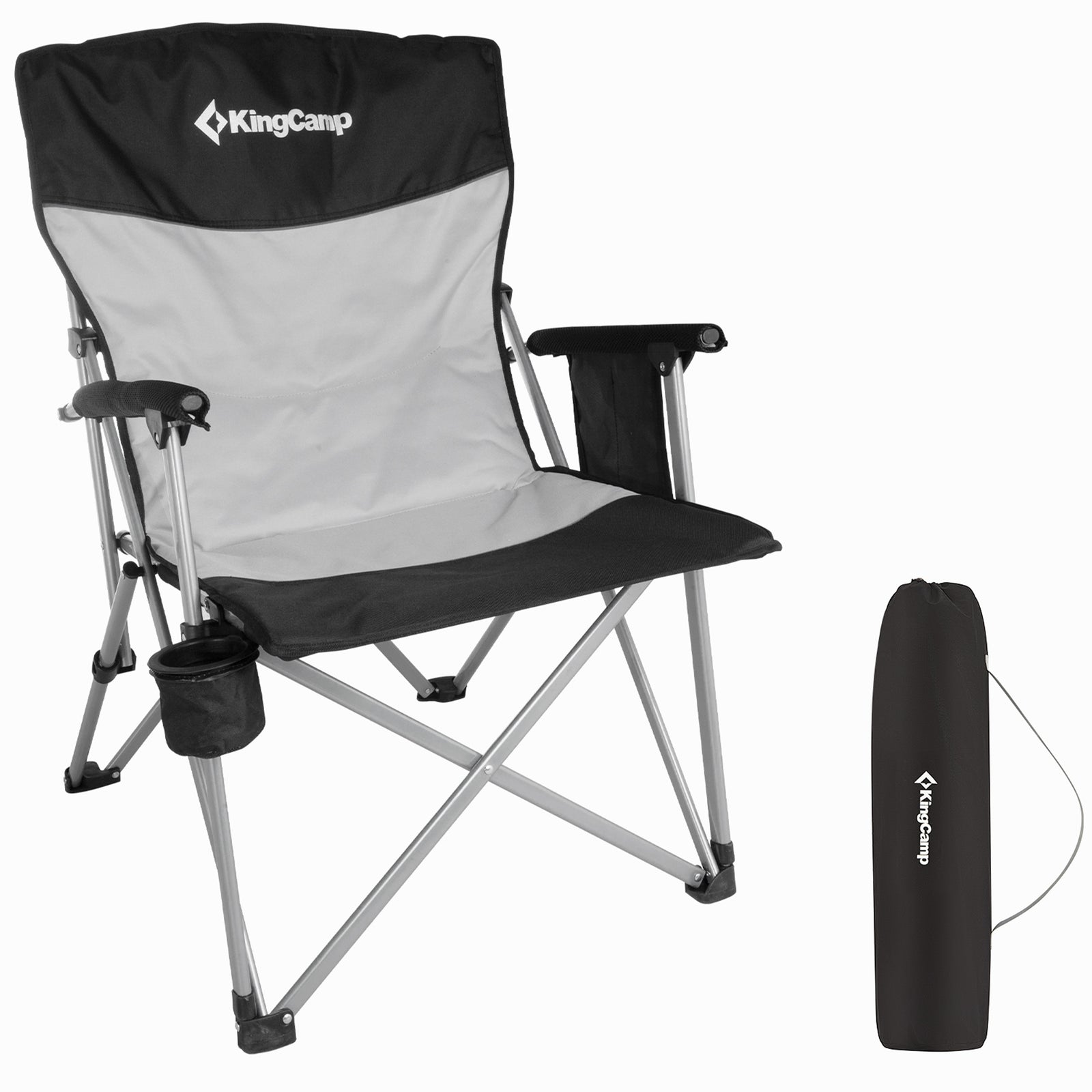 KingCamp Padded Outdoor Camping Lounge Chair with Cupholder & Pocket, Black/Grey - VMInnovations
