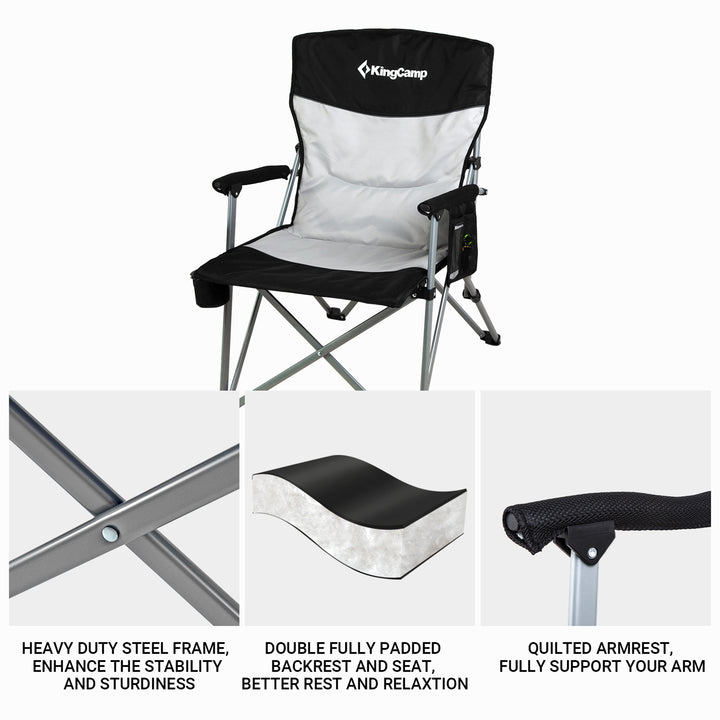 KingCamp Padded Outdoor Camping Lounge Chair with Cupholder & Pocket, Black/Grey