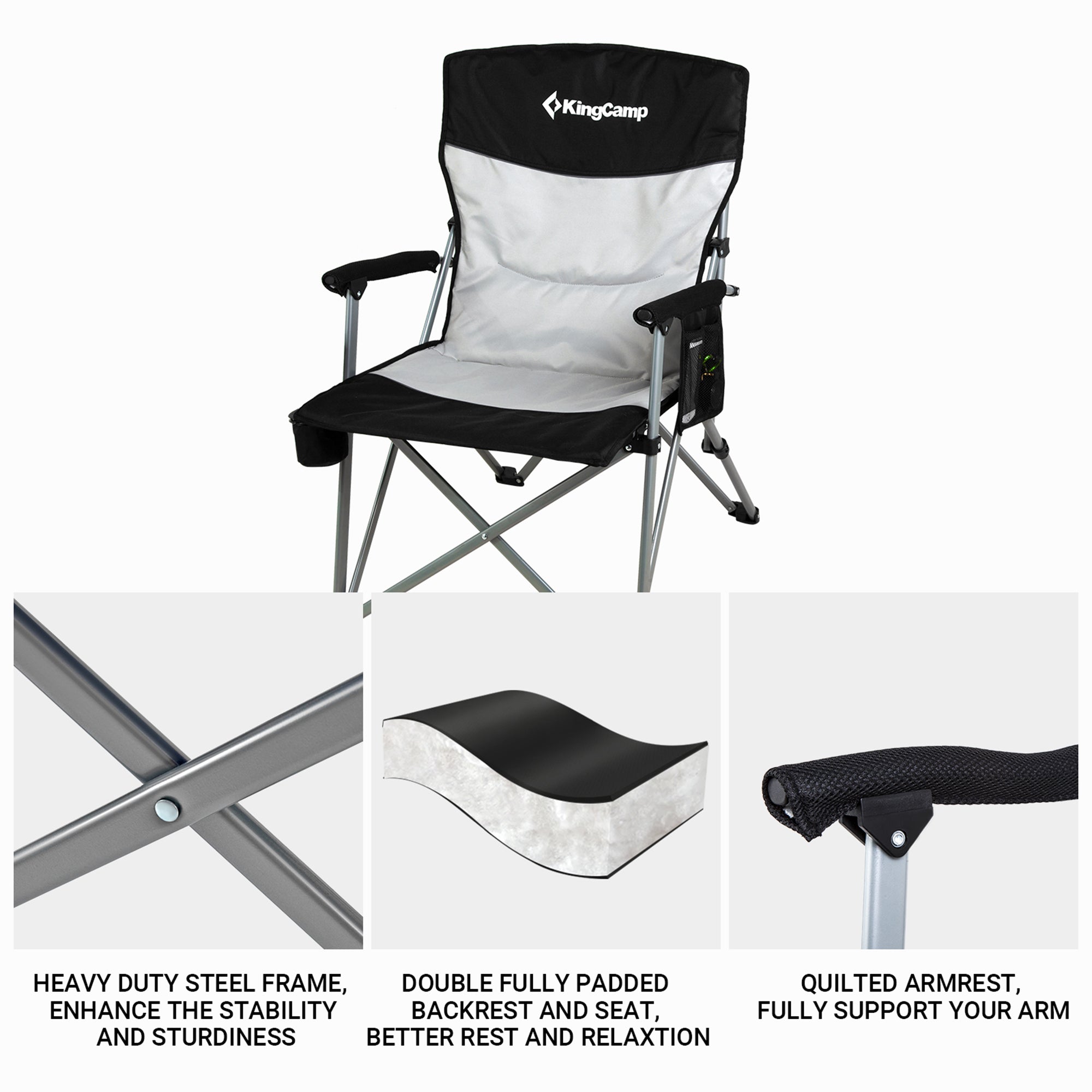 KingCamp Padded Camping Lounge Chair w/ Cupholder & Pocket, Black/Grey(Open Box) - VMInnovations