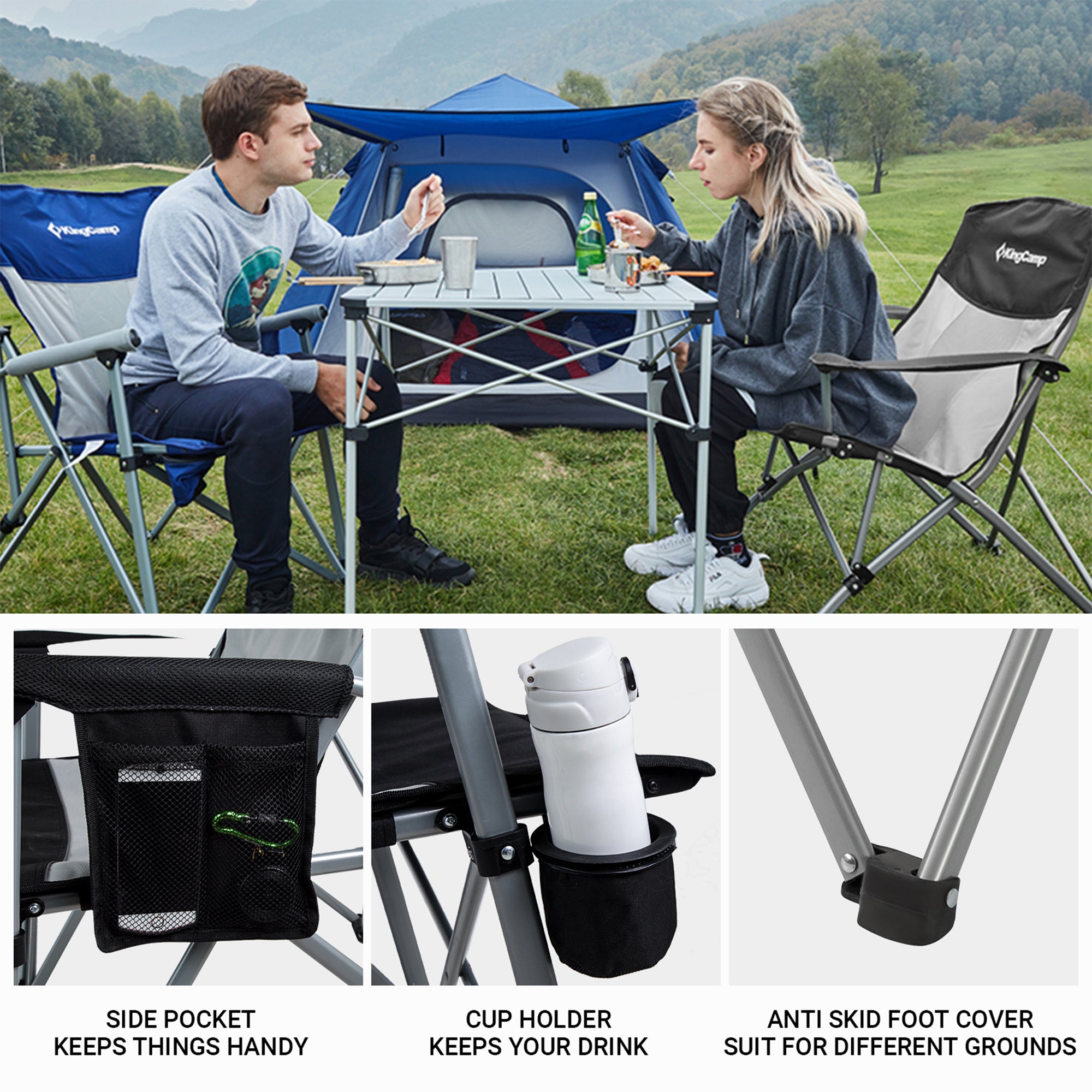 KingCamp Padded Camping Lounge Chair w/ Cupholder & Pocket, Black/Grey(Open Box) - VMInnovations