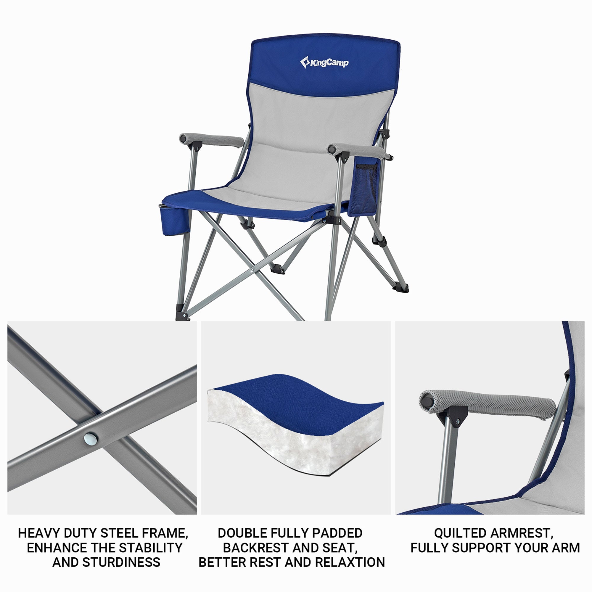 KingCamp Padded Camping Lounge Chair w/ Cupholder & Pocket, Blue/Grey (Open Box) - VMInnovations