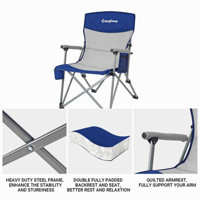 KingCamp Padded Camping Lounge Chair w/ Cupholder & Pocket, Blue/Grey (Open Box) - VMInnovations