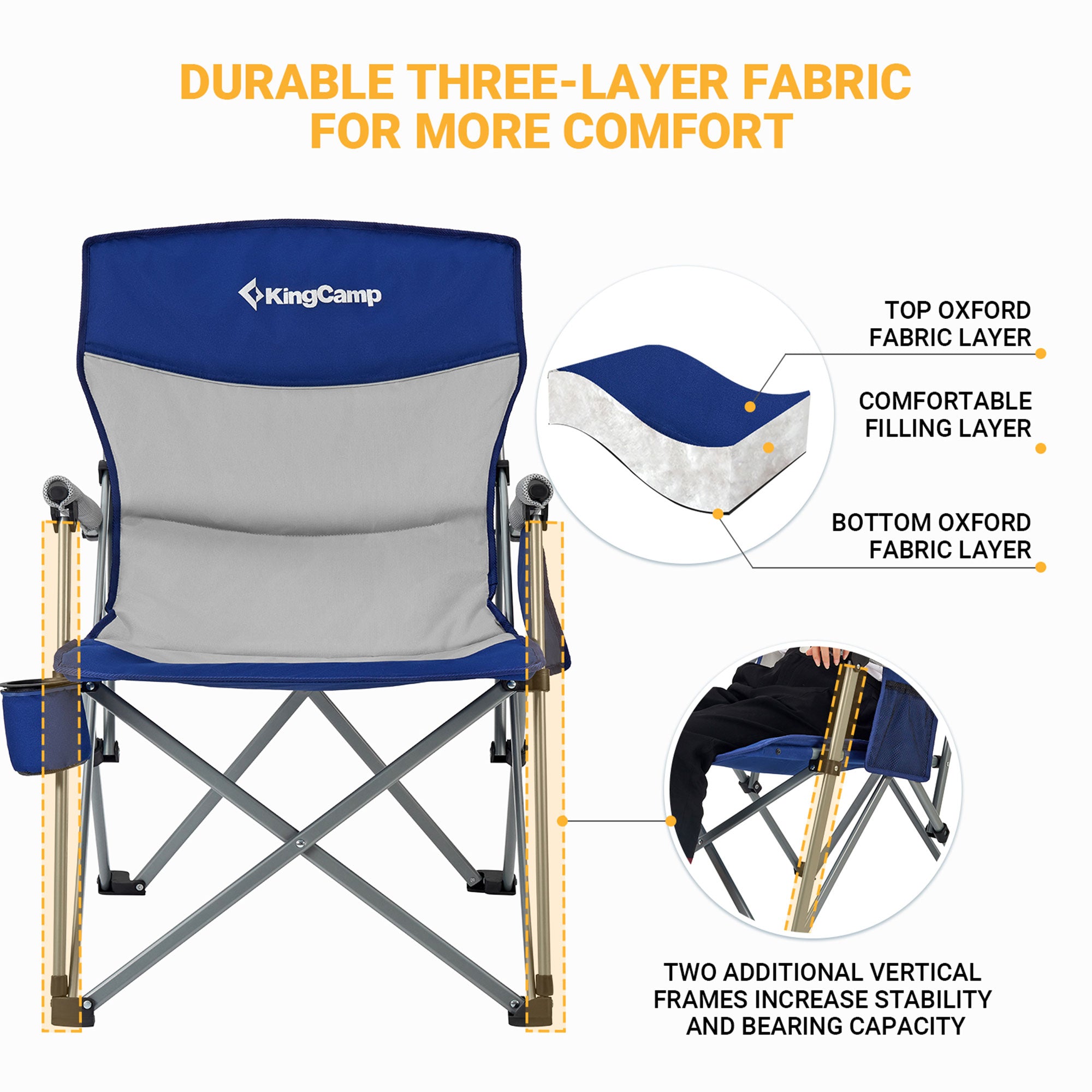 KingCamp Padded Camping Lounge Chair w/ Cupholder & Pocket, Blue/Grey (Open Box) - VMInnovations