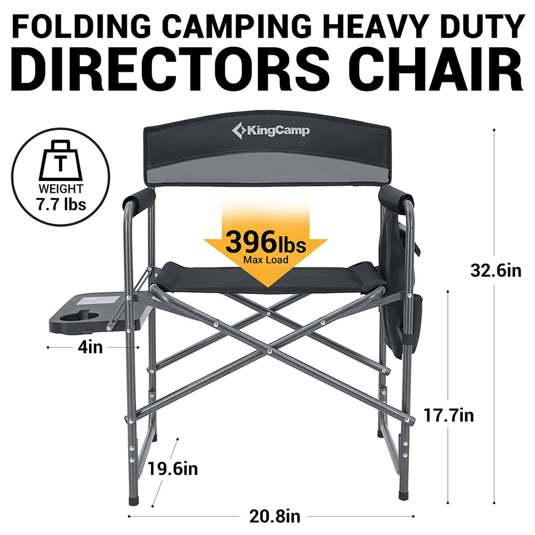 KingCamp Padded Outdoor Folding Chair with Table & Pockets, Black/Grey (2 Pack)