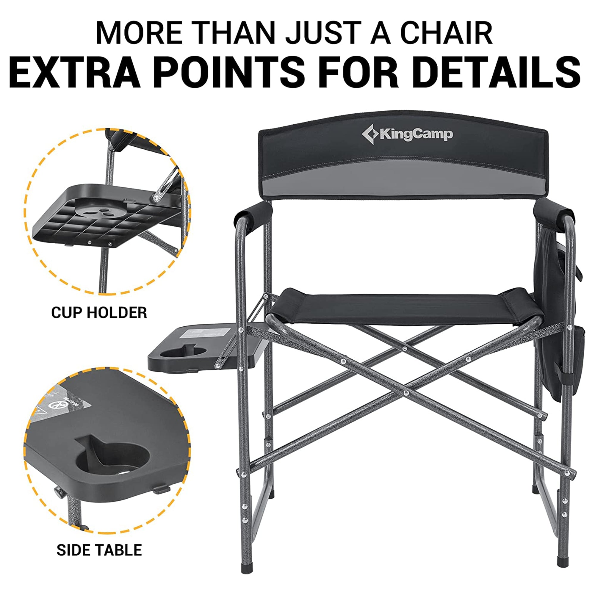 KingCamp Padded Outdoor Folding Chair w/Table & Pockets Black/Grey 2PK(Open Box) - VMInnovations