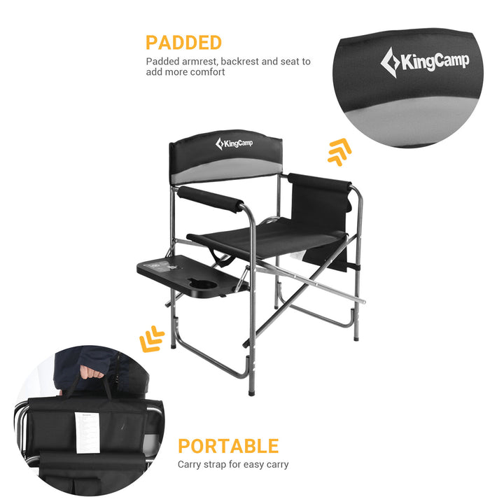 KingCamp Padded Outdoor Folding Chair with Table & Pockets, Black/Grey (2 Pack)