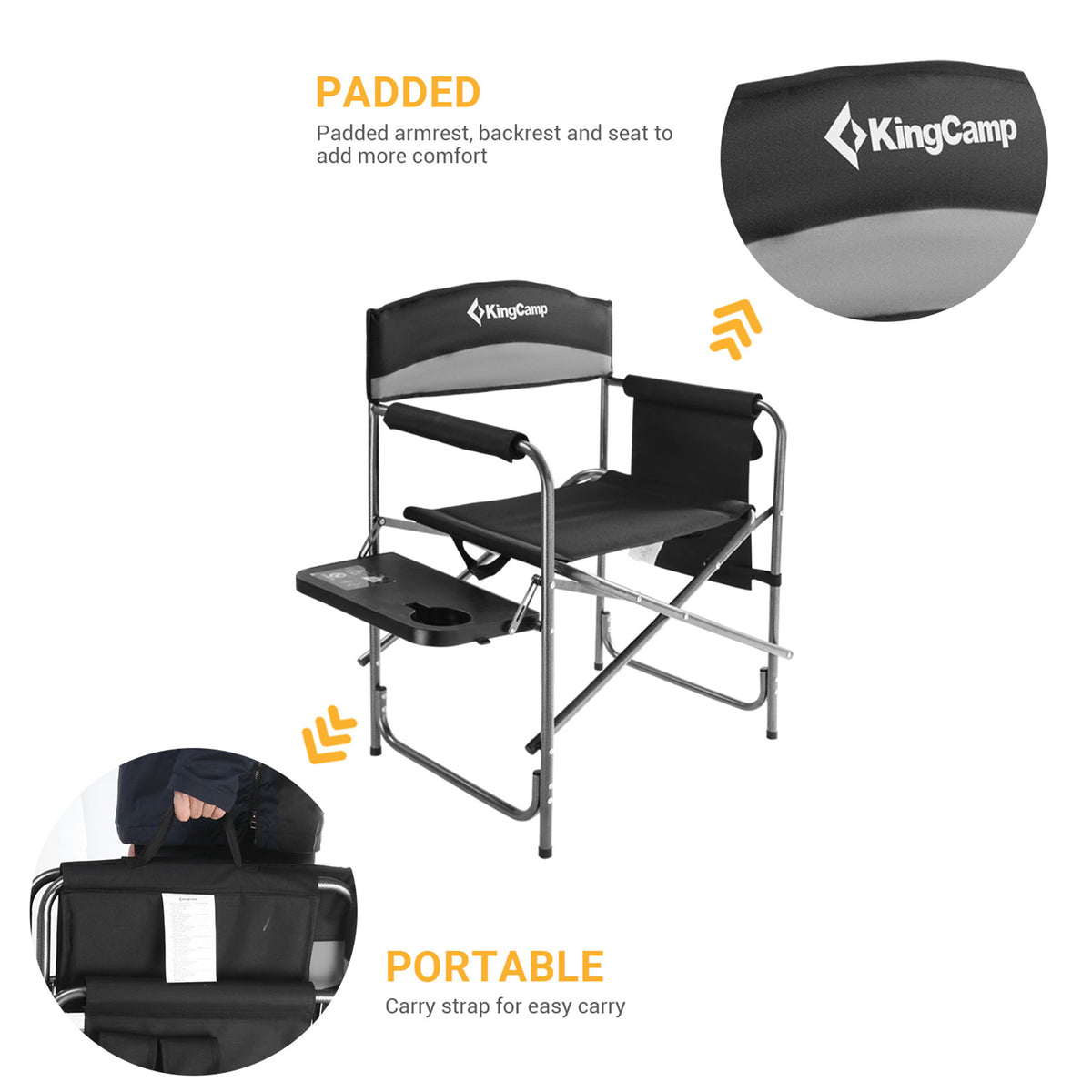 KingCamp Padded Outdoor Folding Chair w/Table & Pockets Black/Grey 2PK(Open Box)