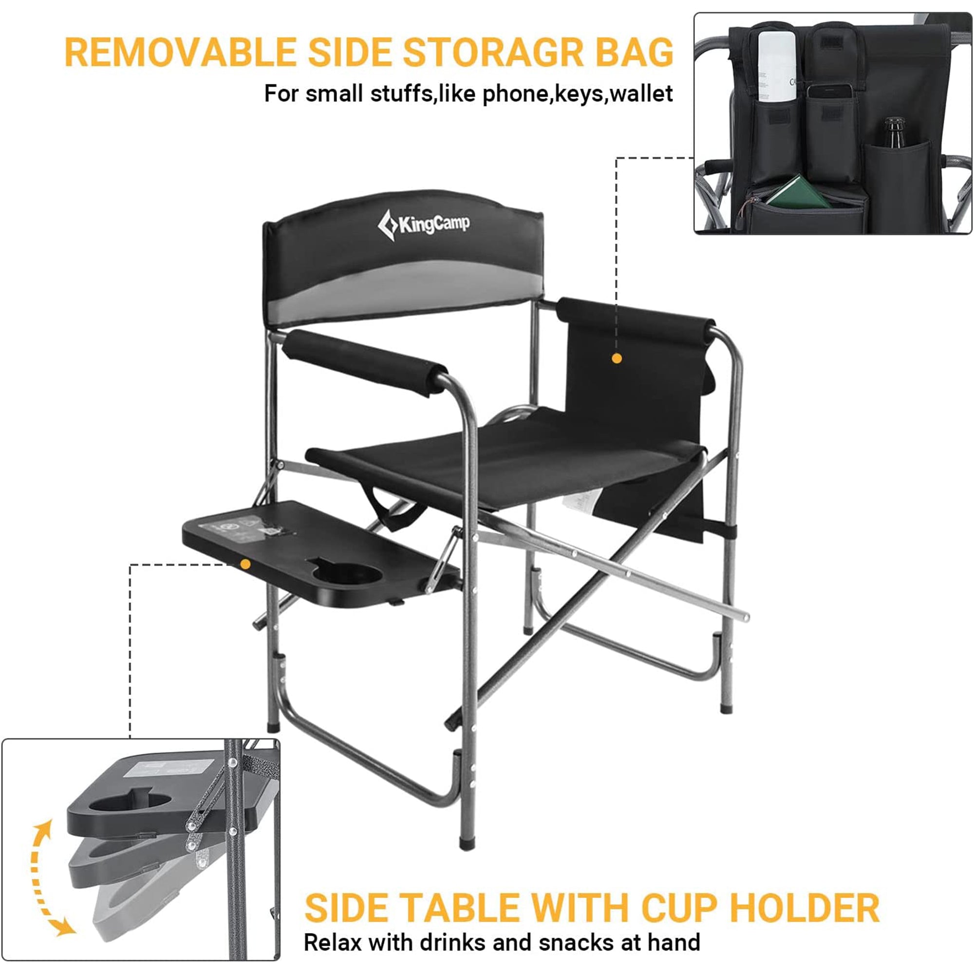 KingCamp Outdoor Folding Chair with Table & Pockets, Black/Grey (2pk)(For Parts) - VMInnovations