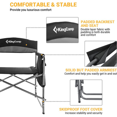 KingCamp Padded Outdoor Folding Chair with Table & Pockets, Black/Grey (2 Pack)