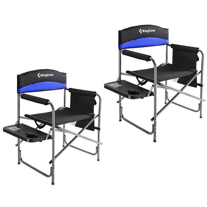 KingCamp Padded Outdoor Folding Chair with Table & Pockets, Black/Blue (2 Pack)