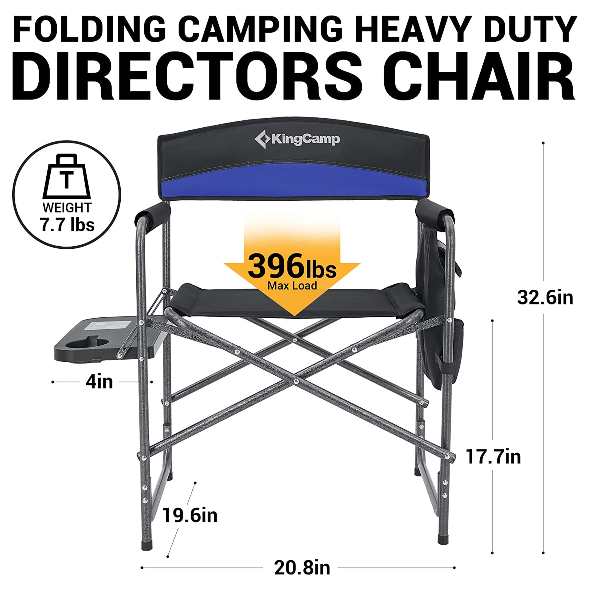 KingCamp Padded Outdoor Folding Chair with Table & Pockets, Black/Blue (2 Pack) - VMInnovations