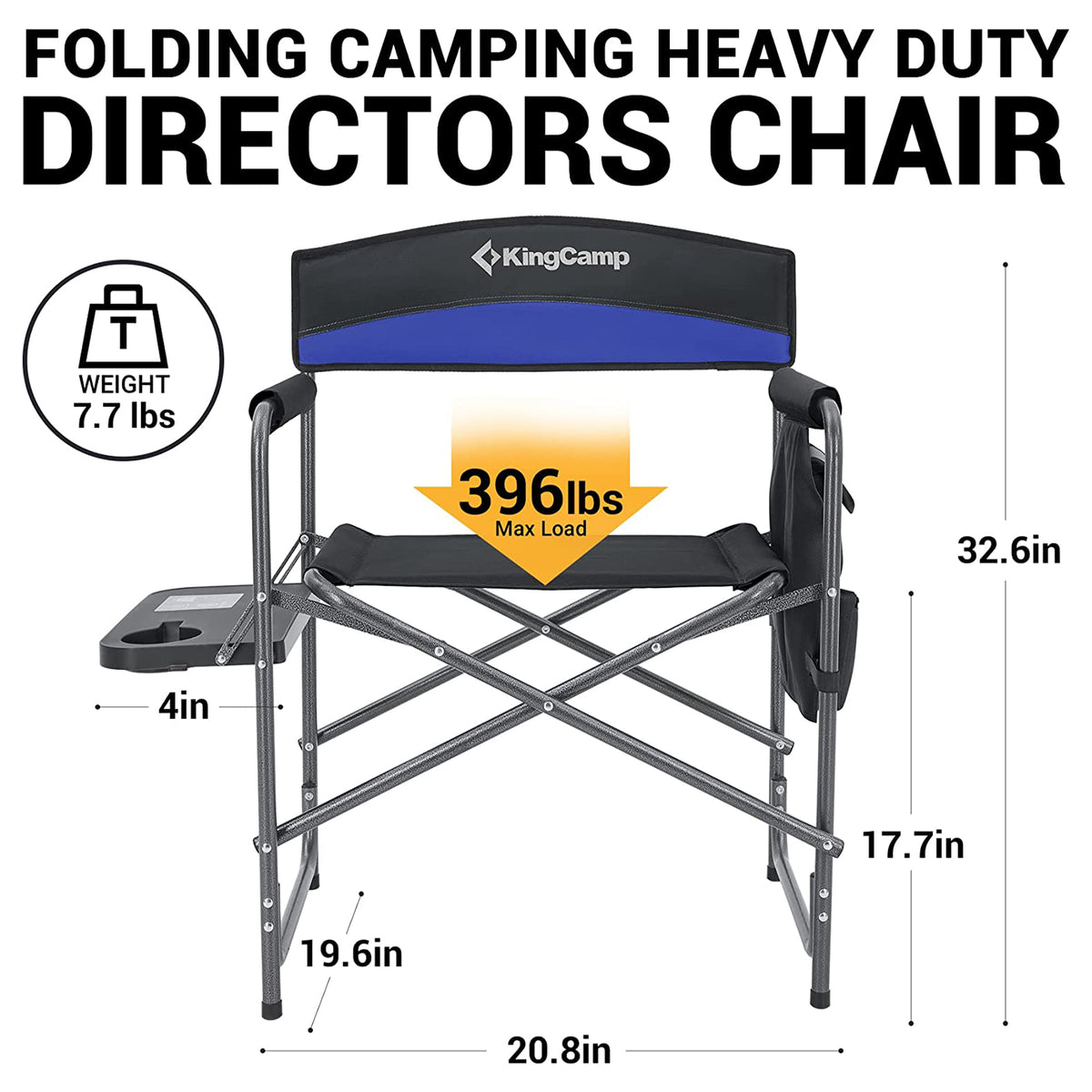 Padded Outdoor Folding Chair w/ Table & Pockets, Black/Blue (2 Pack) (Open Box) - VMInnovations