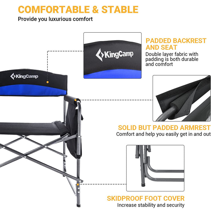 KingCamp Padded Outdoor Folding Chair with Table & Pockets, Black/Blue (2 Pack)